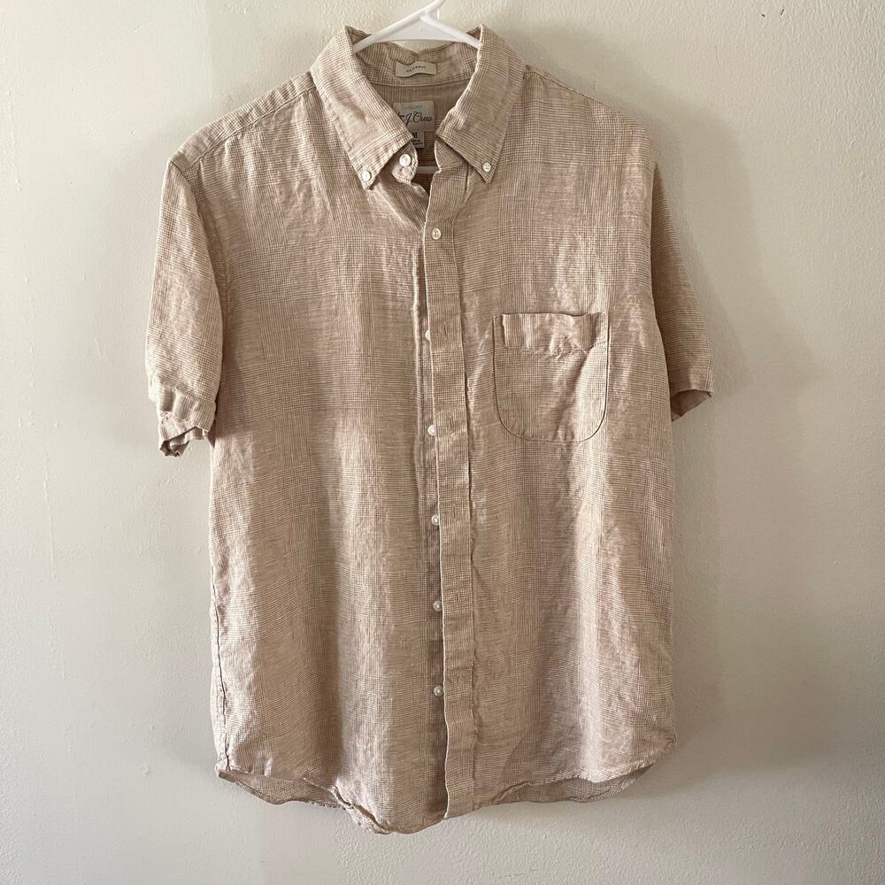 J. Crew Mens Medium M Linen Short Sleeve Tan Plaid Button Down Shirt BE385